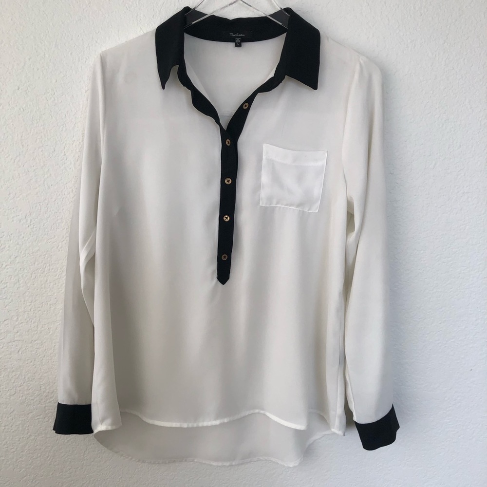 White Half Button Up Top With Black Collar & Cuffs